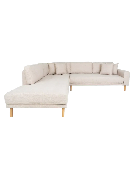 Lido Ecksofa Sofa Living Nordic Récamiere links Stoff, braun Holz Buche natur