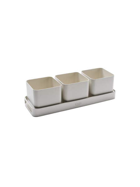 Tablett | Tablett 50x17x4,5 cm Aluminium greige/ 3x Pflanzgefäß 15x15x13 cm Aluminium greige - von Stern Möbel online kaufen bei LIVINGforme.