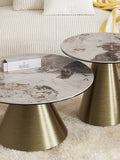 Couchtisch Faro Ø75, Platte Marmoroptik Calcatta, Gestell Bronzeoptik, im Raum