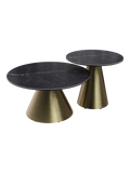 Couchtisch Faro Ø75, Platte Marmoroptik Marquina, Gestell Bronzeoptik, zusammen mit dem Beistelltisch Ø55