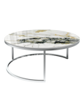 Couchtisch Dolce Vita Ø90 x 38 cm, Platte Marmoroptik Doro, Gestell Edelstahl gebürstet, Schrägansicht