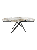 Esstisch Stromboli, Platte Marmoroptik Calcatta, beim Ausziehen, die Platte schwenkt auf