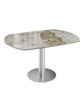 Esstisch New Luna 95/135 x 135 x H77/75 cm, Platte Marmoroptik Calcatta, Gestell Edelstahl gebürstet, ausgezogen, oval