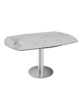 Esstisch New Luna 100/150 x 150 x H77/75 cm, Platte Marmoroptik matt, Gestell Edelstahl gebürstet, ausgezogen, oval