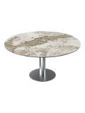 Esstisch New Luna 100/150 x 150 x H77/75 cm, Platte Marmoroptik Calcatta, Gestell Edelstahl gebürstet, geschlossen, rund