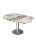 Esstisch New Luna 100/150 x 150 x H77/75 cm, Platte Marmoroptik Calcatta, Gestell Edelstahl gebürstet, ausgezogen, oval