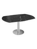 Esstisch New Luna 100/150 x 150 x H77/75 cm, Platte Marmoroptik Marquina, Gestell Edelstahl gebürstet, ausgezogen, oval