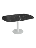 Esstisch New Luna 100/150 x 150 x H77/75 cm, Platte Marmoroptik Marquina, Gestell weiß, ausgezogen, oval